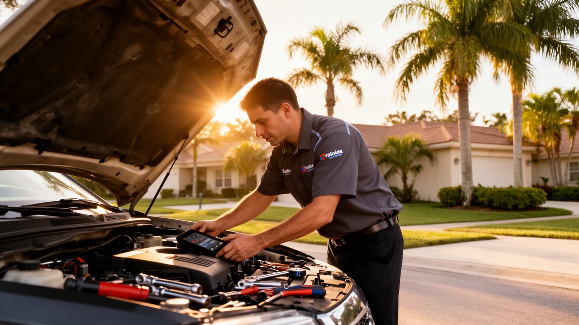 Mobile mechanic bolting a new front rotor onto a sedan in a Columbus driveway, service van parked at the curb